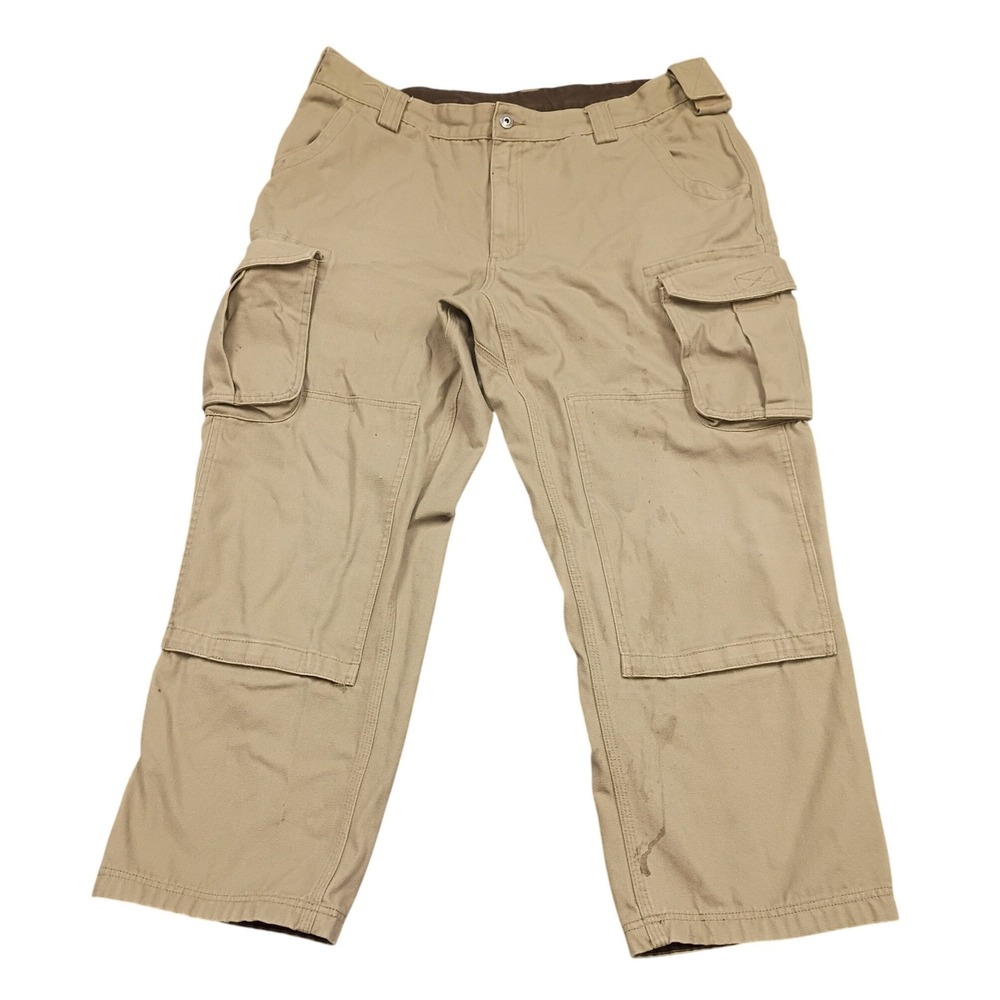 Duluth Trading Co Cargo Work Pants 42x30 Khaki Tan Double Knee Utility Canvas